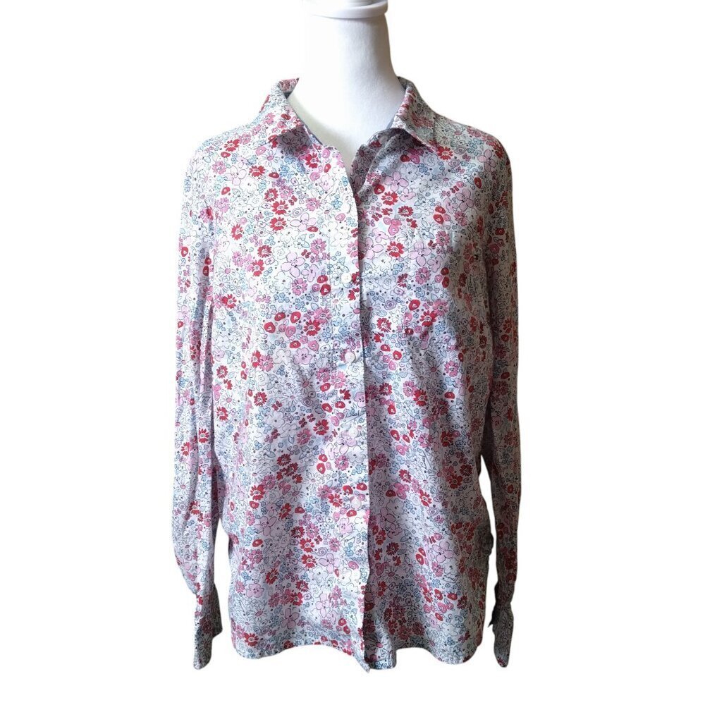 Tommy Hilfiger Women's Large Floral Button Front Long Roll Tab Sleeve Blouse Top